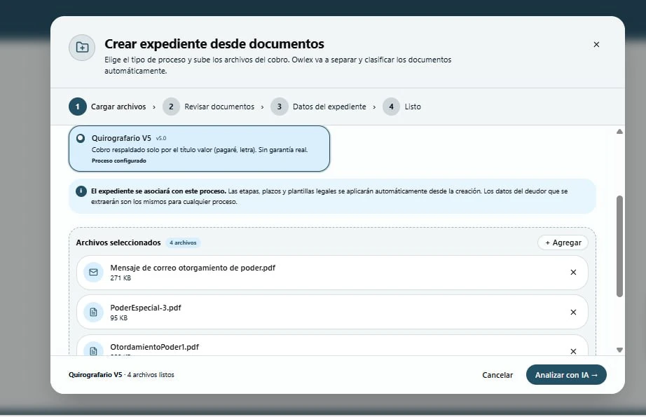 Pantalla Crear expediente desde documentos en OwLex